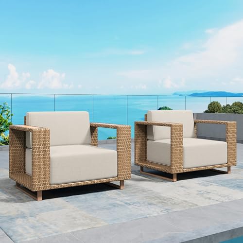 Image of SUNSHINE VALLEY 2 Pieces Patio Furniture Set, Outdoor Rattan Wicker Armchairs with 10''Ultra-Thick Cushions,All Weather Patio Conversation Set, Low Profile Lawn Garden Backyard Chairs