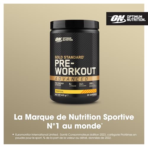Optimum Nutrition Gold Standard Advanced Pre Workout en poudre, Booster d'énergie avec l-Citrulline, Beta-alanine, Caféine et Vitamines B12 et B6, Goût Tropical, 20 Portions, 420 g – Image 3