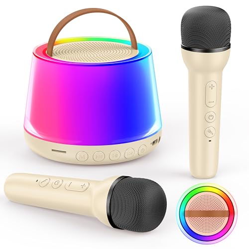 Mini Karaoke Machine for Kids, Portable Bluetooth Speaker with 2 Wireless Microphones and Led Light, Birthday Gifts for 4 5 6 7 8 9 10 11 12 Year Old Girl, Kid Karaoke Machine Toys, Beige