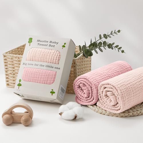 Image of Susurration Hooded Baby Towels for Newborn 2 Pack 100% Muslin Cotton Towel for Babies，Highly Absorbent and Newborn Essential (Pink)