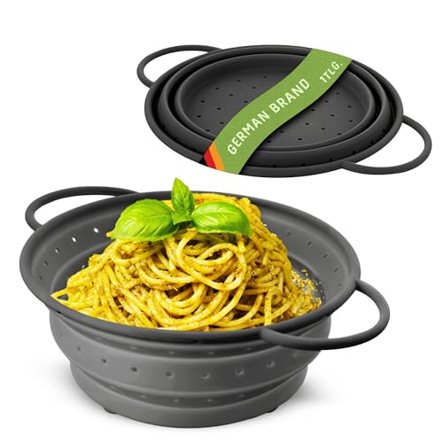 Coolinato Colador Plegable de Silicona, Ahorra Espacio, fácil de Limpiar y Apto para el lavavajillas, Gris, 24 cm