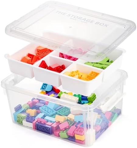 17QT Plastic Storage Box with Removable Divided Tray, Clear Storage Container with Lid and Handle, Stackable Craft Organizer for Organizing Tool, Bead, Lego, Sewing, Home Office Supplies