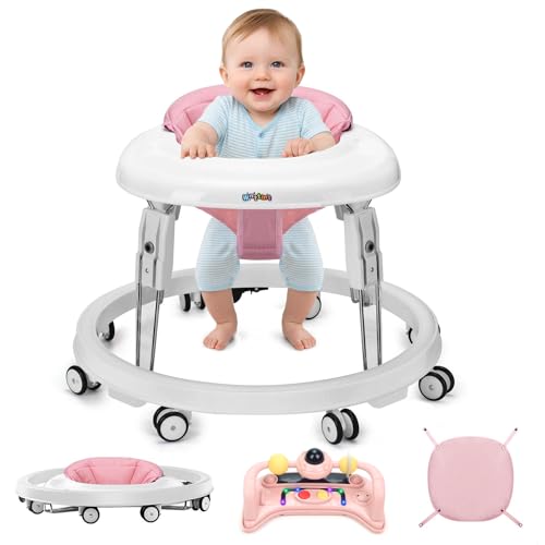 Image of Baby Walker with Wheels, One-Touch Folding Baby Walkers with Height Adjustment, Large Dinner Plate and Brake, Portable Walker for Baby Boy Girls 6-18 Months, Light Pink