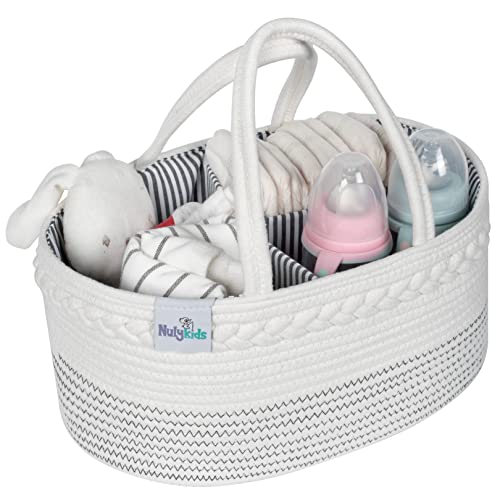 Image of Nuly Kids Baby Diaper Caddy Organizer - Nursery Storage Basket for Boys & Girls, Large Bag & Car Bassinet with Removable Inserts, Newborn Care Items, Baby Registry Must Haves, 100% White Cotton, White