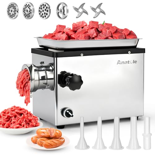 Anatole Commercial Electric Meat Grinder 1.3 HP 950 W Heavy Duty Meat Bones Mincer Stainless Steel Sausage Stuffer with 4 Grinding Plates 2 Blades for Restaurant Hotel 110V