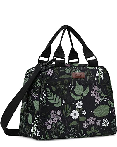 Pbro Insulated Lunch Bag For Women,Large Wide-Open Reusable Lunch Tote Bag With Adjustable Shoulder Belt,Cute Floral Leaves Portable Lunch Box Cooler Bag For Travel Picnic,Office,Working -Dark Green #TOP7
