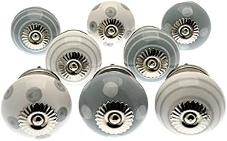 knoa Set of 8 Grey & White Ceramic Door Knobs Vintage Shabby Chic Cupboard Drawer Pull Handles