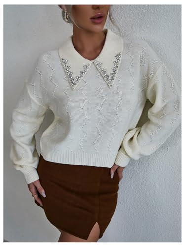 Image of Verdusa Women's Old Money Cable Knit Rhinestone Decor Knit Top Crew Neck Lapel Collar Lantern Sleeve Drop Shoulder Pullover Cropped Sweaters