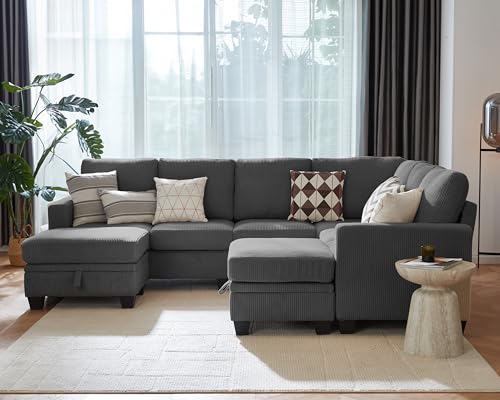 Image of CHIC HOUSE Modular Corner Sectional Sofa with Storage Ottoman, Corduroy L-Shaped Couch, Compact Small Space Furniture for Living Room & Apartment, (Dark Grey, 8 Seater L-Shaped)
