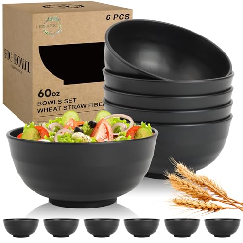 Image of Wheat Straw Bowls Set of 6, Unbreakable Lightweight 60 OZ Salad Bowls for Kitchen and Camping, Big Plastic Bowl for Serving, Cereal, Ramen, Soup, Microwave & Dishwasher Safe, Black