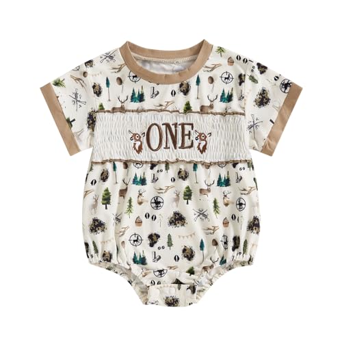 Image of Bagilaanoe First Birthday Outfit Baby Boy One Year Old Birthday Romper Deer Short Sleeve Bodysuit Hunting Clothes (Apricot, 12-18 Months)
