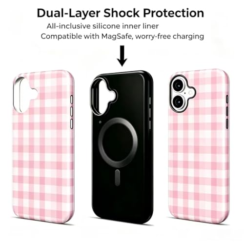 Image of for iPhone 16 Case Cute Phone Case,Compatible with MagSafe,Dual Layer Shockproof Protective Phone Cover,Hard Shell + Silicone Cover,Fashion Design for Women Girls,Pink and White Plaid