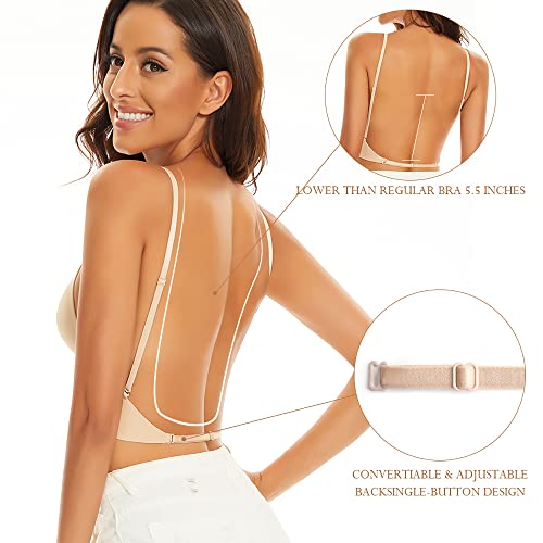 Mitivoway Low Back Bras-Seamless Wireless Triangle Bralette Backless Bra-Low Cut Plunge Open Back Strappy Halter Bra (Nude, Medium) #TOP2