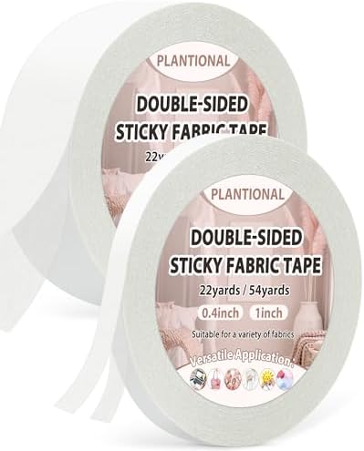 PLANTIONAL 2 Rolls Double-Sided Sticky Fabric Tape, 2/5" x 54.6 Yd & 1" x 54.6 Yd Hem Tape for No Sew, No Iron Hemming, Perfect for Pants, Crafts, and DIY Projects