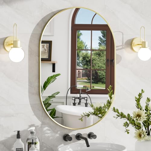 Umzodo 24x36 Inch Brushed Gold Oval Bathroom Mirror Wall Mounted Vanity Mirror for Over Sink Tempered Glass with Aluminum Frame Vertical or Horizontal Hanging
