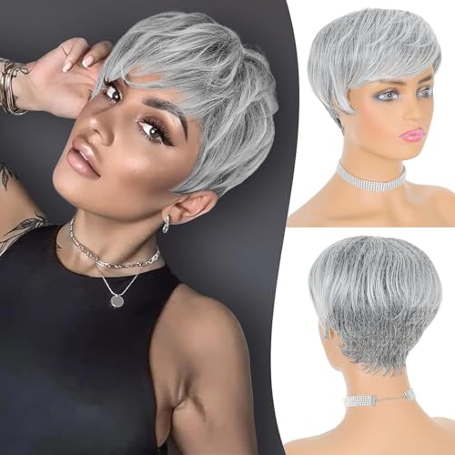 Phloxyn Glueless Short Ombre Gray Pixie Cut Human Hair Wig