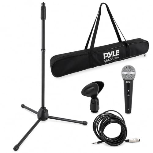 Pyle Microphone with Stand Kit Dynamic Wired Mic with 5m Cable Floor Microphone Stand & Holder with Carry Bag Complete Vocal Mic Set for Singing Stage Presentations Schools & Live Events