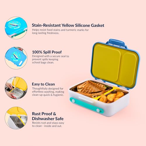 Image of rabitat Munchbee Pro Personalized Stainless Steel Kids Lunch Box 850ml- Food-Grade Steel Bento Tiffin | 2-Year Brand Warranty | Spill-Proof Flick-Lock | 3 Compartments, BPA-Free, School-Safe | Spunky