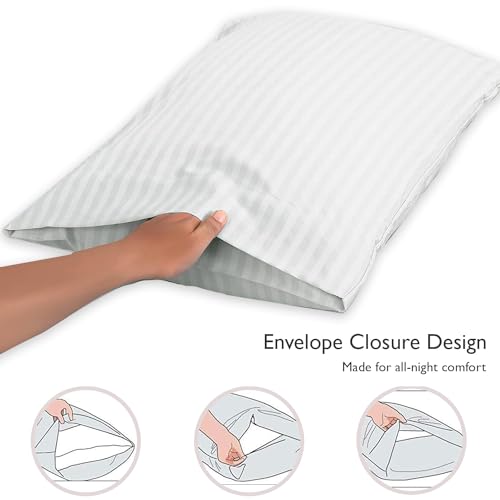 Image of RD TREND 210 TC Super Soft Satin Striped Pillow Covers Set of 4 (2 Pairs) | 18x28 Inches | Luxury White Pillow Covers for Home, Hotel & Guest House