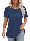 Womens Plus Size Tops Dressy Casual Trendy Pleating Flowy Summer Shirts Short Sleeve Blouses Hide Belly Fat Fashion Clothing Navy M