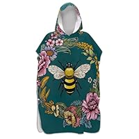 EOSDT Vintage Bee Floral Dark Green Surf Poncho for Adults Changing Robe Beach Hoodie Towel Floral Reusable Womens Ponchos with Hood One Size