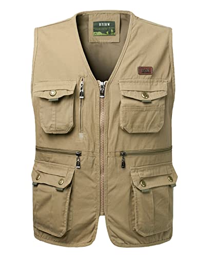 KTWOLEN Chaleco de Pesca Hombre Multibolsillos Chaqueta Sin Mangas Fotografia Algodón Chaleco Deportivo de Trabajo Safari, Caqui, 4XL