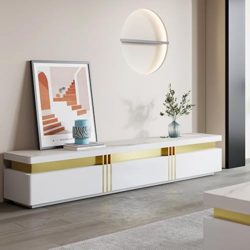 Image of Luxury Joyce Modern TV Unit /Console - 70 inch Naino Compsit Marble Top, 3 Drawer Storage - White & Gold Finish - Scratch Resistant, Waterproof Plywood - Living Room Media Cabinet (White)