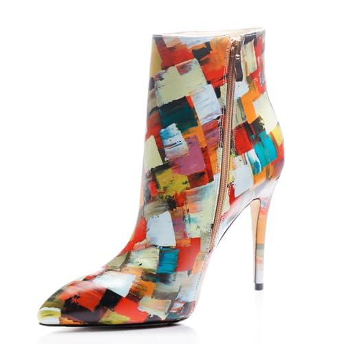 Womens High Stiletto Heels Blue Multicolor Square Printed Closed Toe Sexy Ankle Bootie Shoes