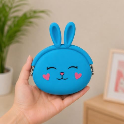 Image of FunBlast Cute Bunny Shape Silicone Coin Purse for Kids & Adults - Mini Pouch for Coins, Earphones, Keys & Small Essentials, Aesthetic Pouches for Girls & Women - 12 X 9.5 X 3 Cm (Bunny-Blue)