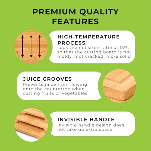 Prosumers Choice Bamboo Cutting Board Set - Chopping Boards for Kitchen Meal Prep - Set of 3 - Built-In Side Handles, Serving Tray, Cheese Platter - Meat Cutting Boards - Image 5