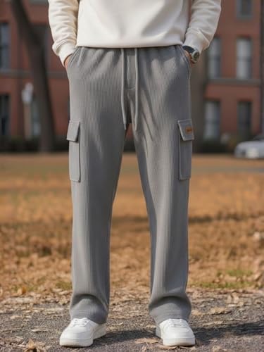 Image of Men's Ribbed Casual Cargo Pants | Stretchable & Comfortable Lower | Elastic Waist Drawstring | Relaxed Fit Stretchable & Comfortable Textured Fabric Cargo Pant for Men