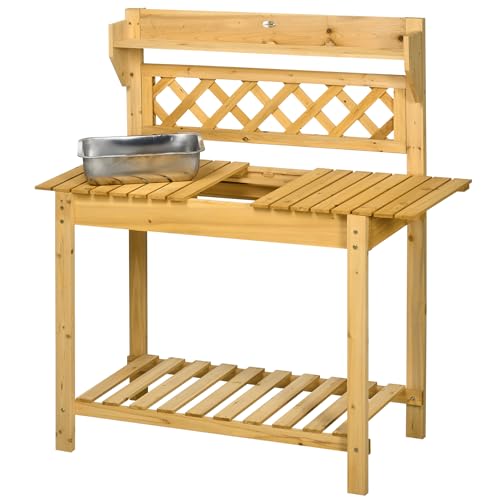 Outsunny Table de rempotage Table de Plantation en Bois avec évier Coulissant 2 étagères 92 x 45 x 120 cm - Sapin