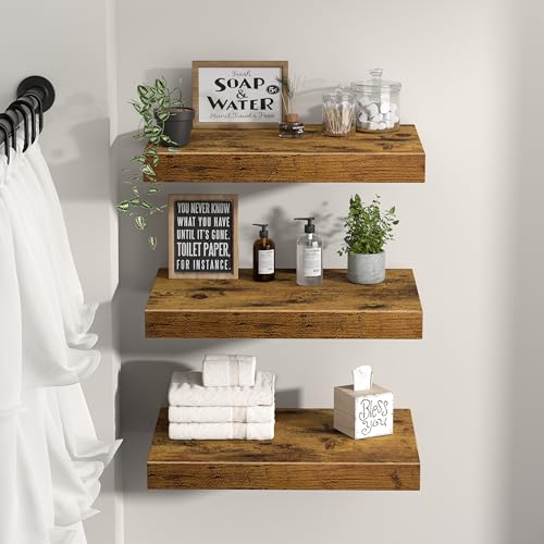 Image of QEEIG 10 inch Deep Floating Shelves for Wall - 10 x 16 inch Book Shelf Bathroom Bedroom Kitchen Living Room Hanging Bookshelf Farmhouse Set of 3, Rustic Brown (025-40BN3)