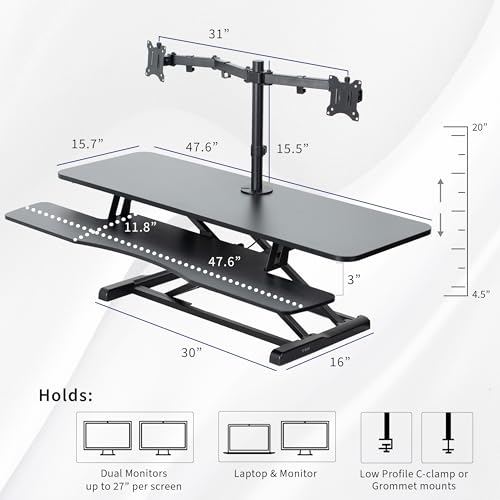 Image of VIVO Height Adjustable 48 inch Standing Desk Converter with Dual 13 to 30 inch Monitor Stand, Sit Stand Monitor Mount and Desk Riser, Black, DESK-V048KB-M2