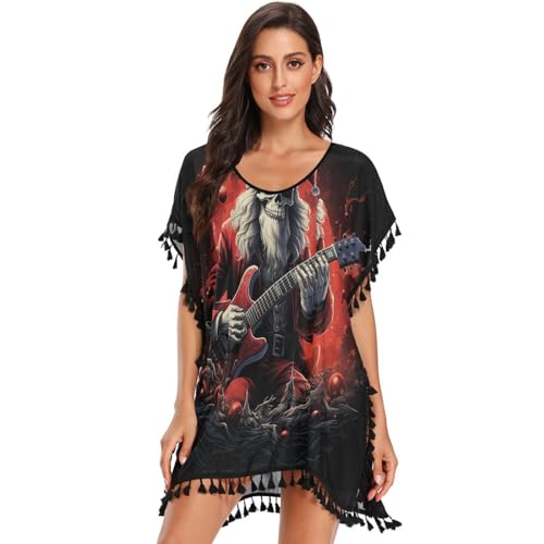 KAAVIYO Red Black Christmas Skull Guitar Women's Beach Cover Up Chiffon Tassel Swimwear Swimsuit Coverups for Girl