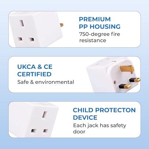 Double Dragon 13A 2-Way 3-Pin Multi Plug Adapter | Converts 1 Plug into 2 | Cube Wall Socket Splitter for Multiple Connections | Child Safety Shutters, Fire-Retardant PP | UKCA & CE Certified - Image 3