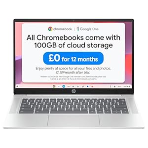 HP Chromebook 14″ | Intel Processor N100 Processor| 4 GB RAM | 128 GB Flash Storage | Intel UHD Graphics | HD Display | Up to 12hrs battery | Chrome OS | Dual Speakers | Glacier Silver | 14a-nf0002sa