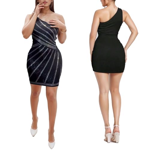 Image of PORRCEY Sexy Women Sparkly Rhinestone One Shoulder Bodycon Mini Dress Party Club Evening Dress(K3195,Black,M)