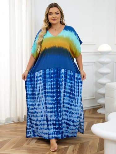 Plus Size Beach Kaftan Dresses for Women Print V-Neck Long Swimsuit Cover Ups3