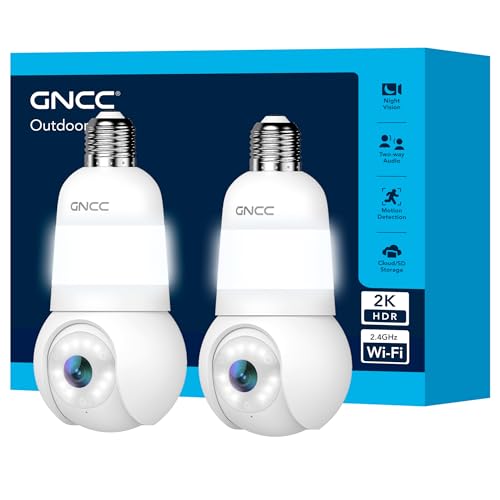 GNCC 2 PCS Ampoule Camera Surveillance WiFi, Douille E27 Uniquement, 355° PTZ Camera Intérieure/Extérieure sans Fil, 2K Vision Nocturne Couleur, AI Détection, 24/7, Abonnement Cloud/SD, 2,4GHz WiFi