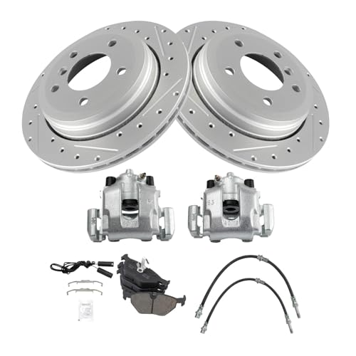 Image of TRQ Performance Rear Brake Pad and Rotor Set Ceramic Slotted Drilled G Coated Rotors Calipers Compatible with 2001-2003 BMW 325xi