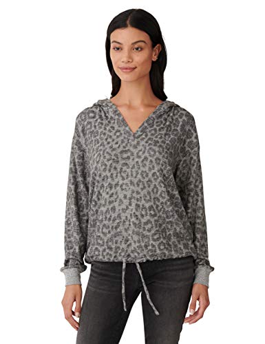 Lucky Brand Women's Long Sleeve Cloud Jersey Leopard Print Hoodie Sweater, Grey Multi, L