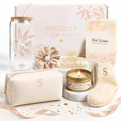 S Personalized Gifts for Women - Initial Cute Hair Clips + Glass Cups w/Lids Straws, Makeup Bag Monogrammed Gifts for Women，Unique Ideas Birthday Gift for Her, Christmas & Bridesmaid Gifts