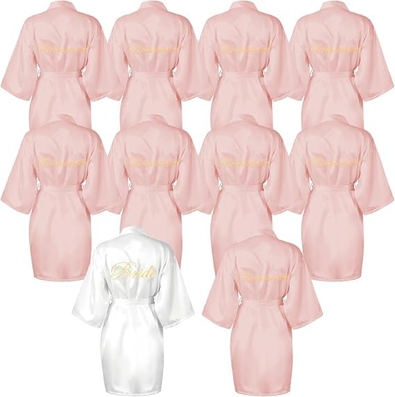 Xaztr 10 Stück Satin Morgenmäntel für Braut, Brautjungfern – 1 Weißer Braut Bademantel, 9 Rosa...