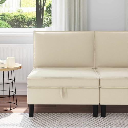 Salón pequeño ordenado gracias al sofá central con espacio de almacenamiento de terciopelo crema 3