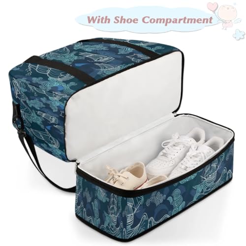 Travel Duffel Bag with Shoe Compartment, Sailing Ships Shoulder Weekender Bags for Women, Foldable Waterproof Travel Bag Carry on Bag4