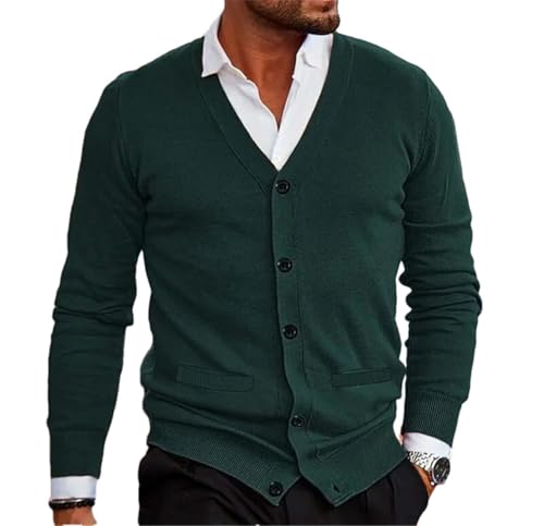 Men Classic V Neck Button Front Cardigan Sweater Long Sleeve Ribbed Knit Two Pocket Knitwear
