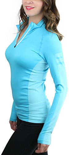 ToBeInStyle Women's Seamless L.S. 1/4 Zip Collar Active Pullover - Aqua - Large