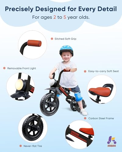 Image of KRIDDO 2-in-1 Kids Balance Bike and Kids Tricycle for 2 to 5 Year Old, Toddler Balance Bike with Detachable Pedals, Tricycles for 3-5 Year Olds with Stitched Soft Grip, Black