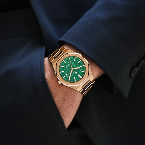 Image of Sapphero Watches for Men Analog Mens 50M Waterproof Watch Luminous Watches Quartz Date Display Men's Wrist Stainless Steel Casual Luxury Gifts for Men, Green Jade Face Rose Gold Strap